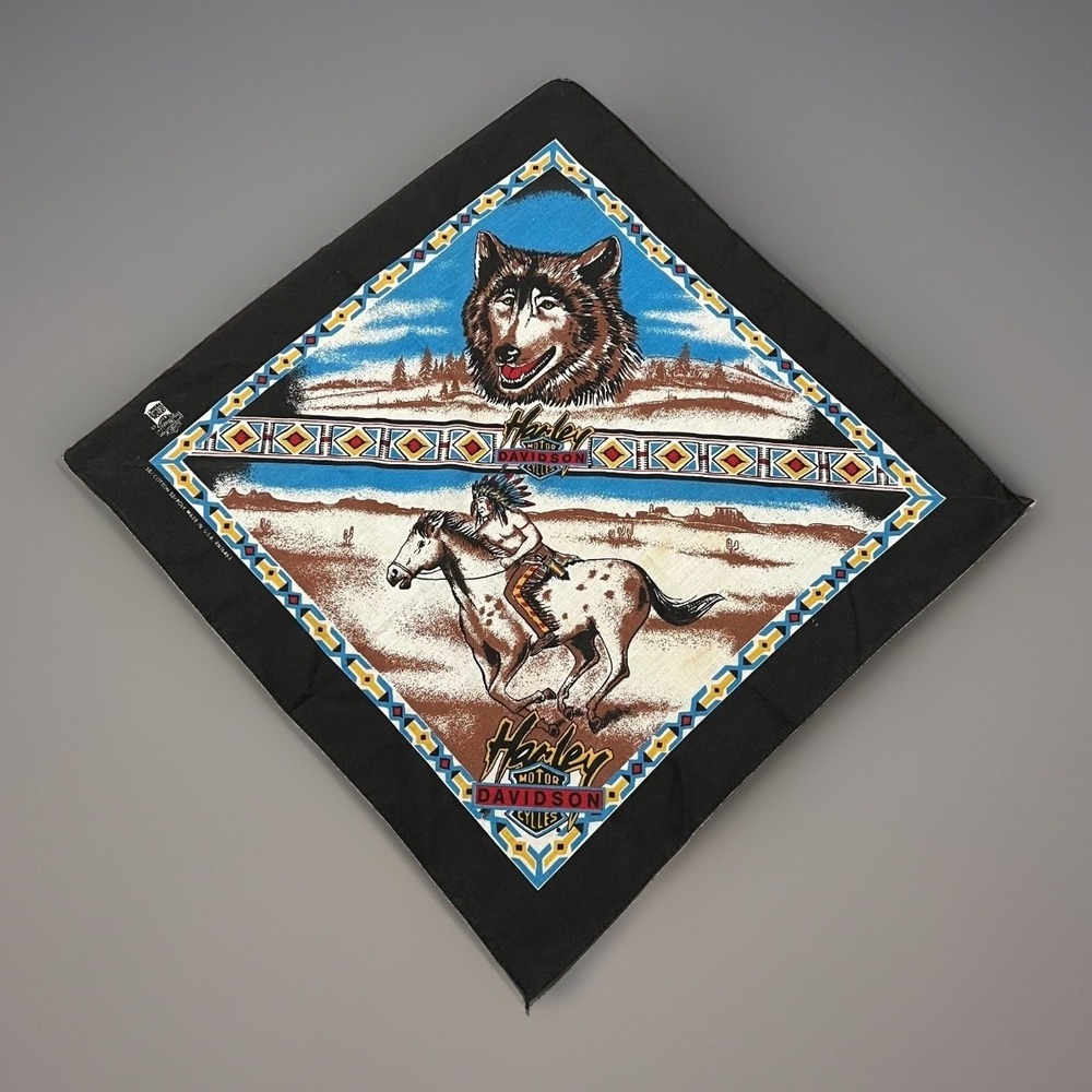 VTG Harley Davidson Motorcycle Wolf Indian Horse Cotton Blend Sketch Art Bandana